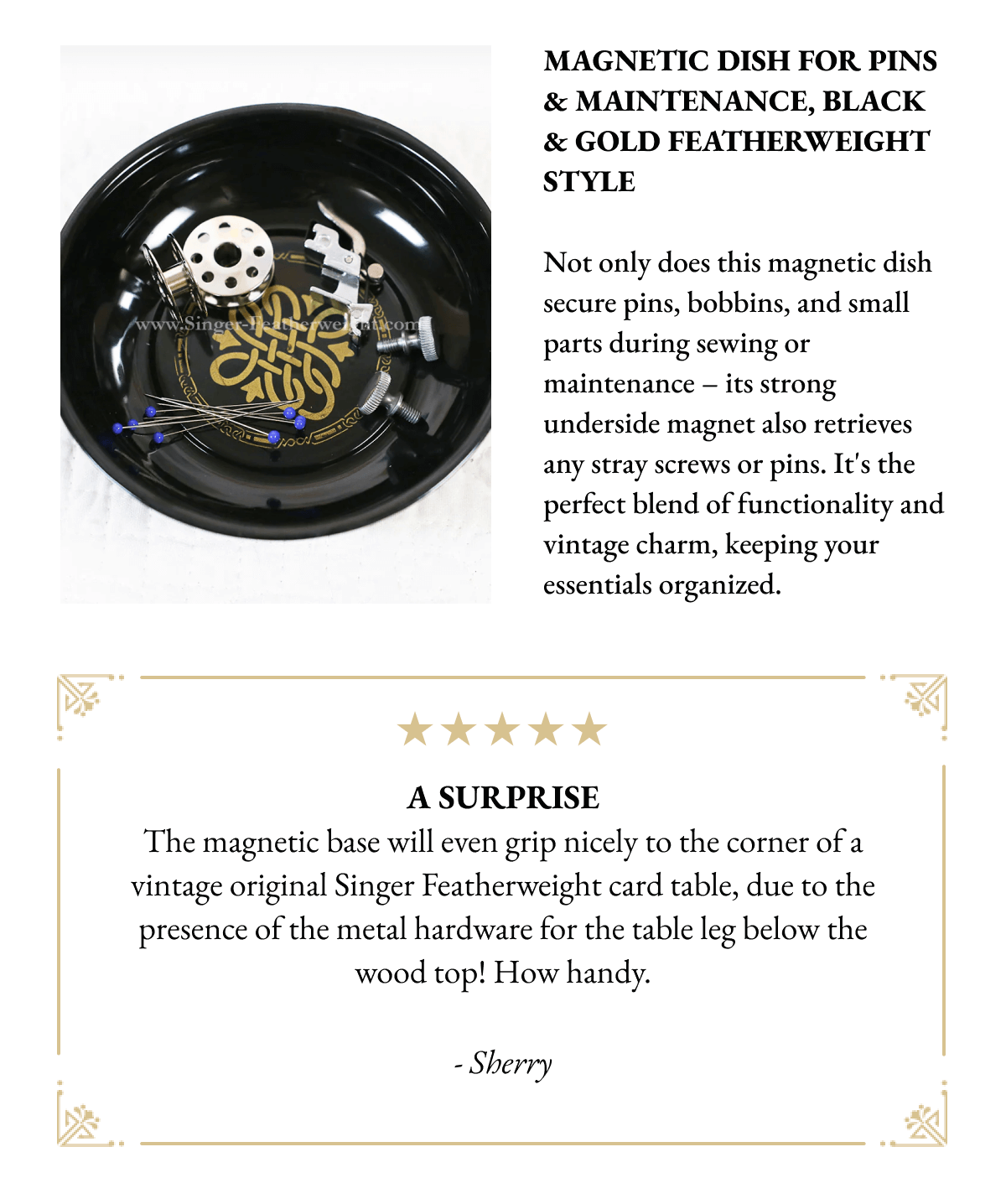 MAGNETIC DISH FOR PINS & MAINTENANCE, BLACK & GOLD FEATHERWEIGHT STYLE