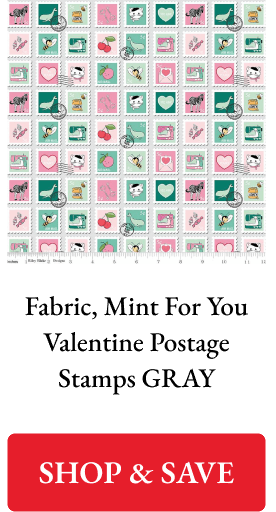 Fabric, Mint For You Valentine Postage Stamps GRAY