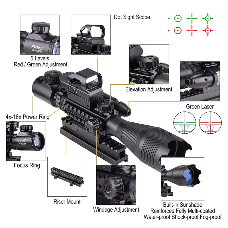 4-in-1 Rifle Scope Combo, 4-16*50mm Rangefinder Scope, Green Laser, Red & Green Dot Sight, 14 Slot Riser